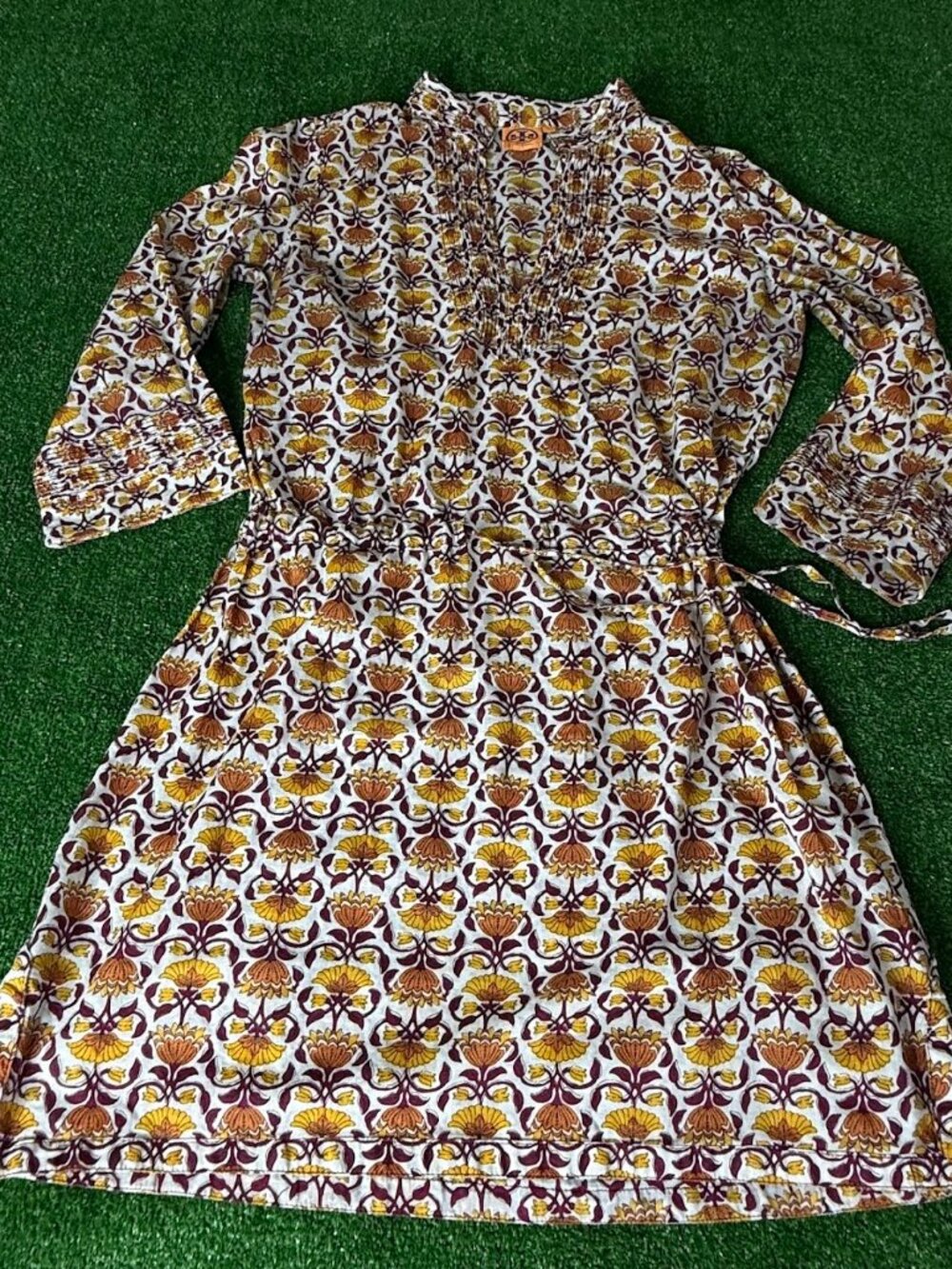 Tory Burch Marigold Floral Pattern Adjustable Waist Bohemian Tunic Dress Size 10